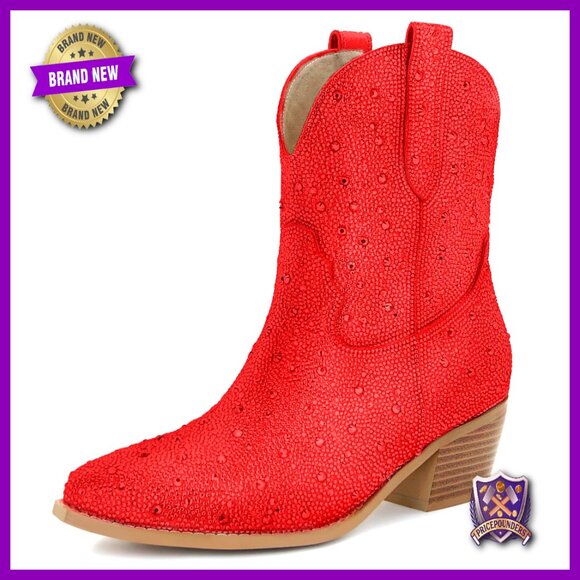 Rhinestone Cowboy Boots Sparkly Western Ankle Booties Pointed Toe Block Heel